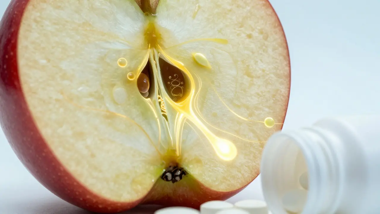 Makro záběr jablka s fytonutrienty vs. jednoduchá kapsle vitamínu