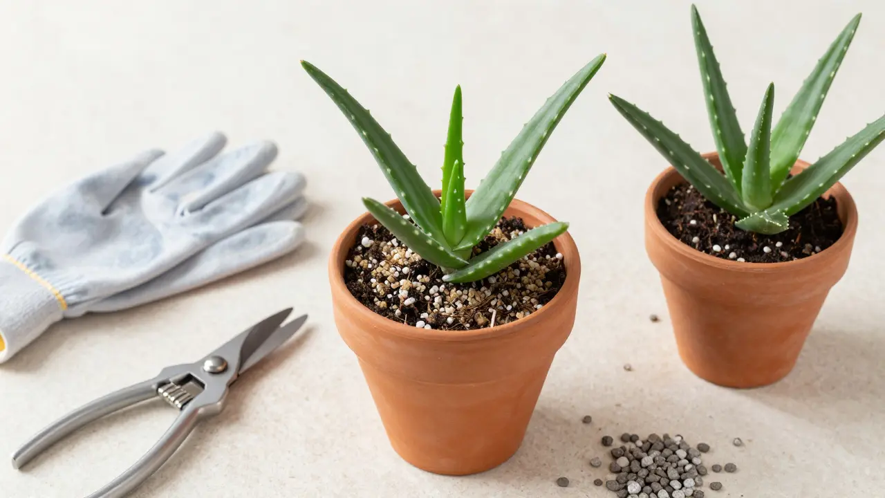 Nástroje a substrát pro přesazování aloe vera v nadhledu