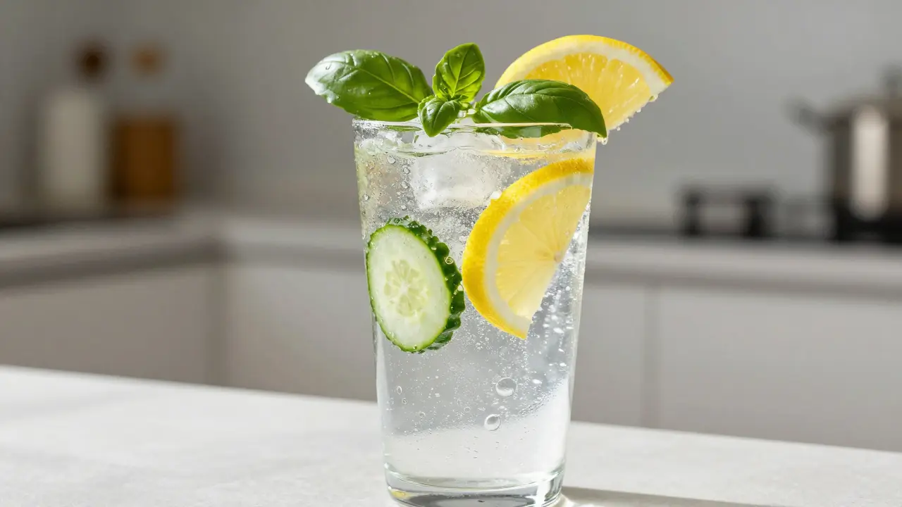 Osvěžující sklenice tonické vody s bazalkou a citronem