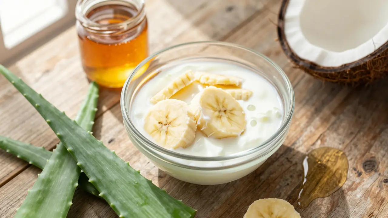 Přírodní ingredience pro domácí masku na vlasy: banán, aloe, sirup