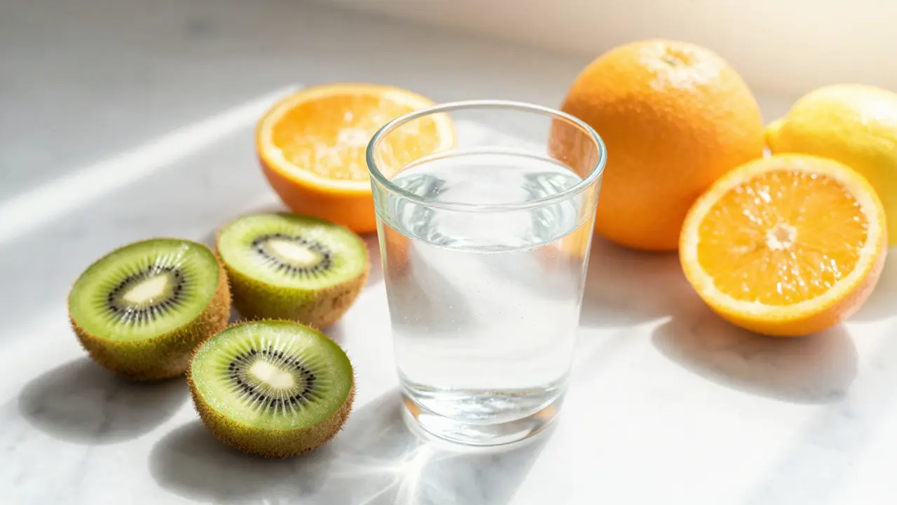 Sklenice vody s kolagenem a citrusy na mramoru