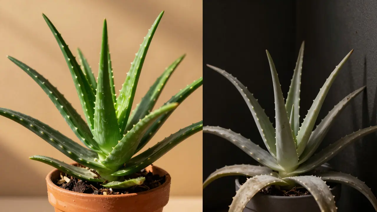 Srovnání zdravé a stresované aloe vera rostliny