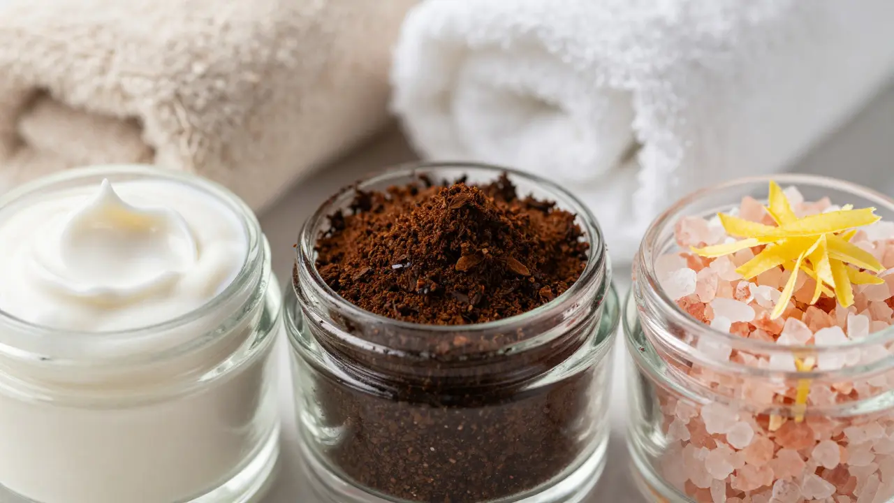 Tři typy domácích peelings v skleněných nádobách: ovesný, kávový a solný