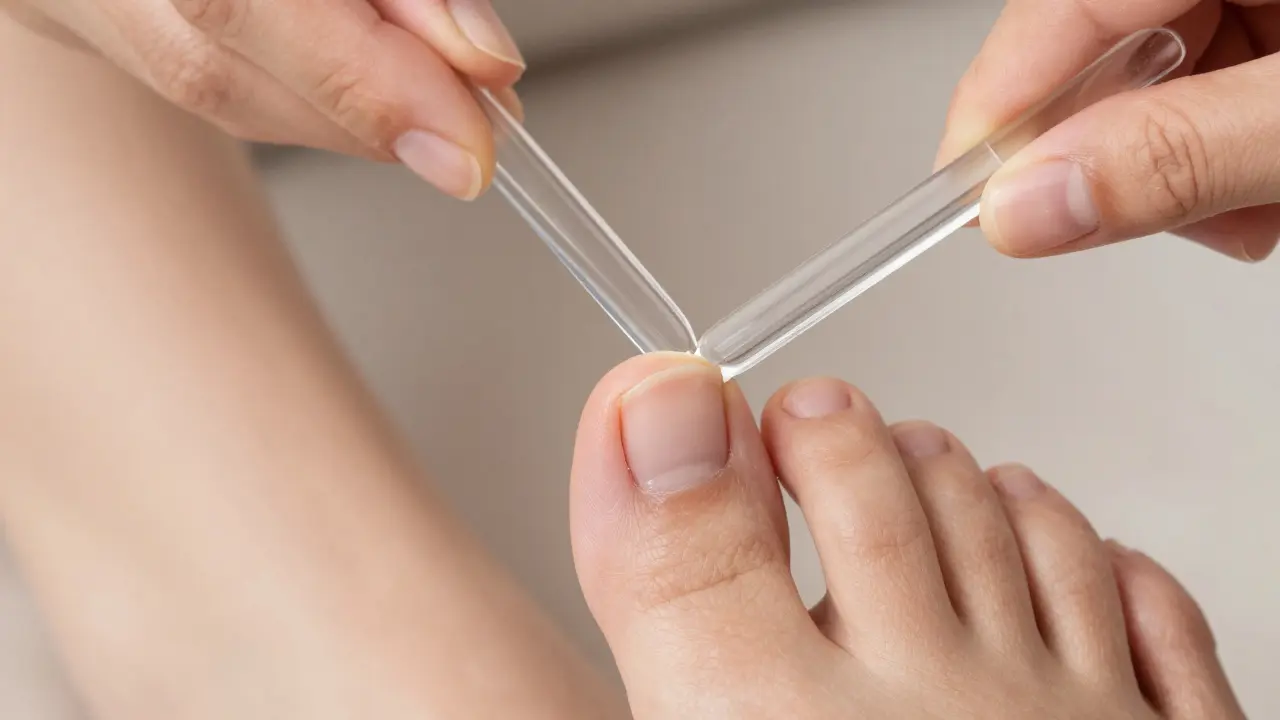 Záběr na správné pilování nehtů na nohou skleněným pilníkem