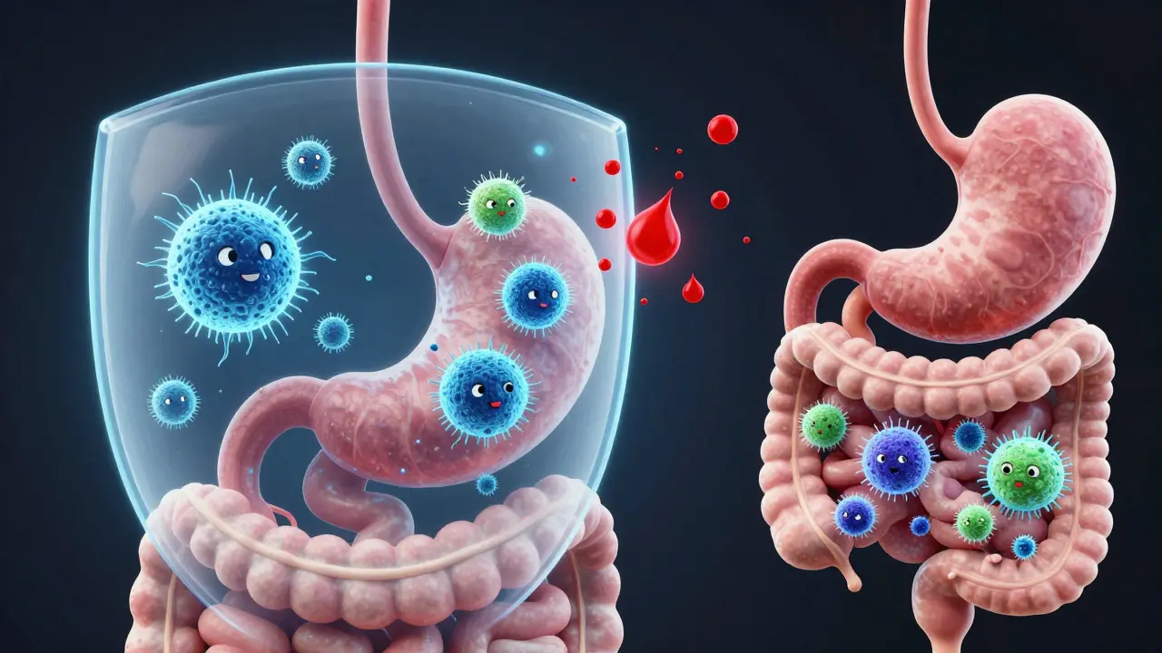 Konceptuální ilustrace bakterií chráněných před žaludeční kyselinou v trávicím traktu