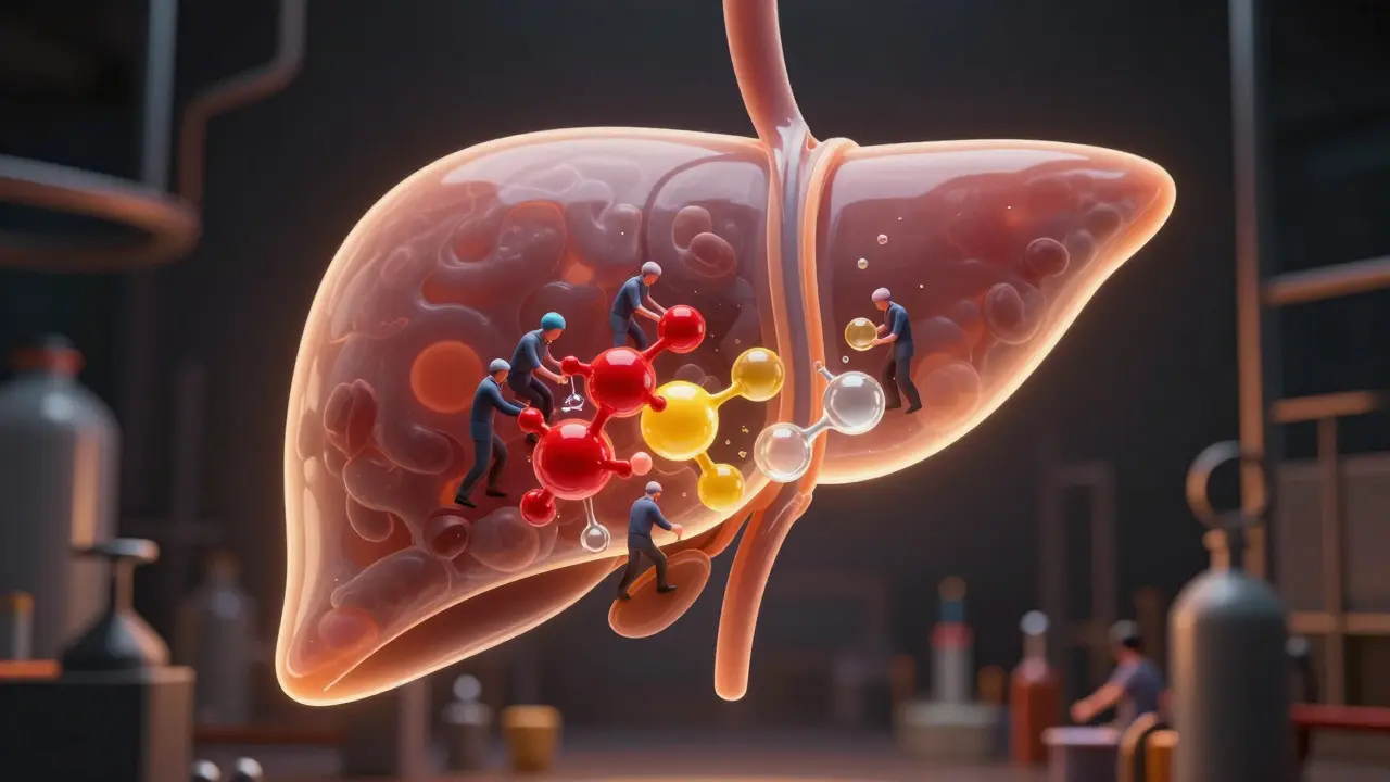 Konceptuální zobrazení jater při metabolizaci ethanolu na toxiny