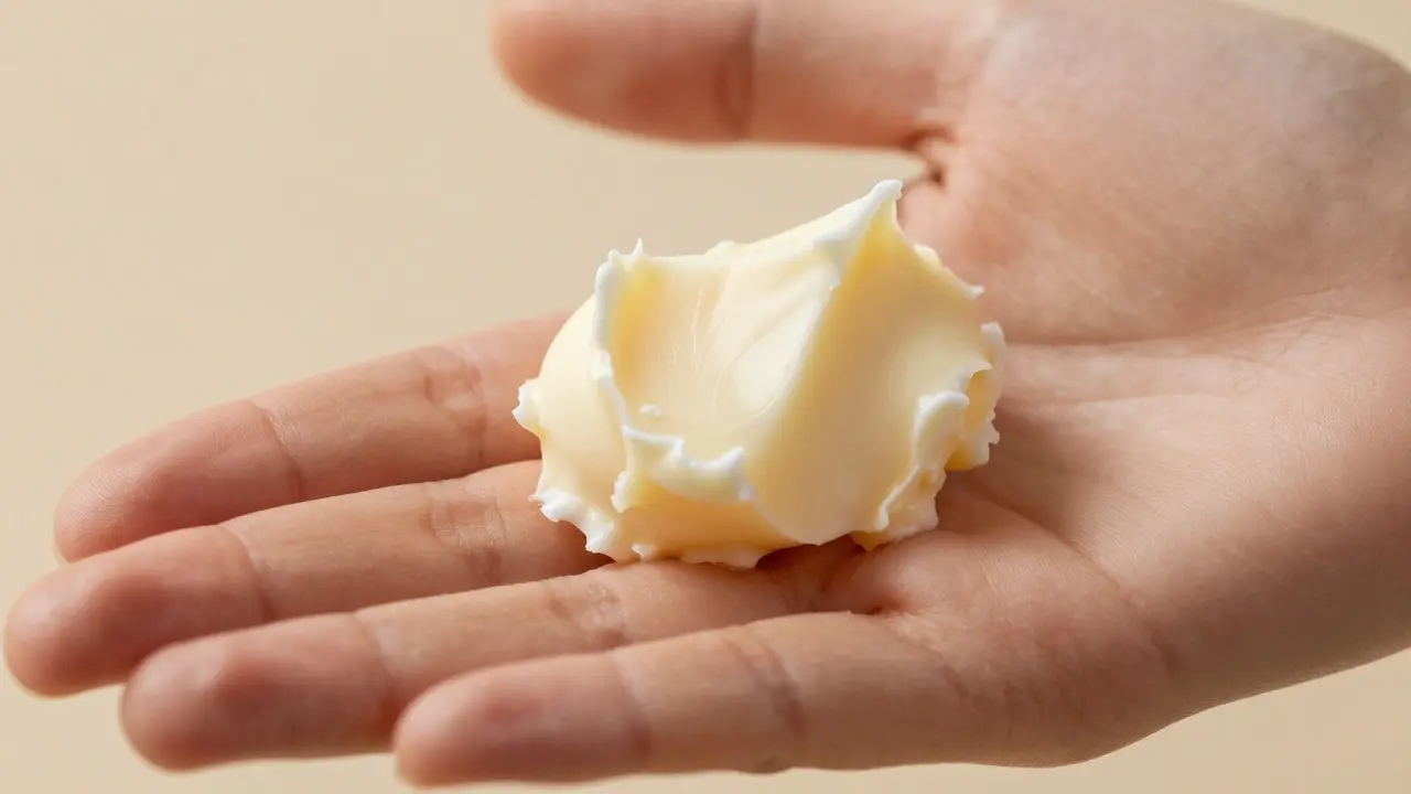 Ruce třoucí krémové máslo shea pro hydrataci pleti v makro záběru
