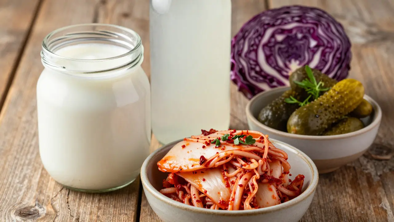 Různé fermentované potraviny jako jogurt, kefír a kimchi na dřevěném stole