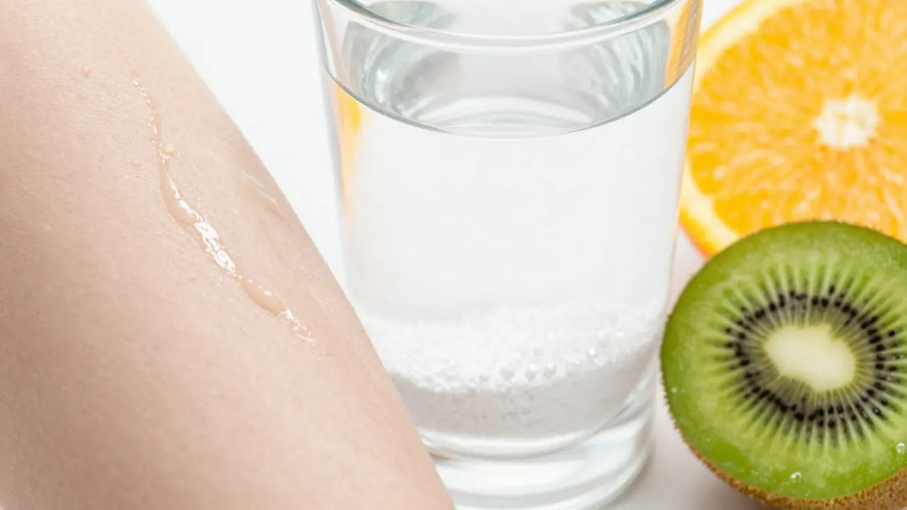 Svítící pleť vedle sklenice kolagenu a vitamínu C