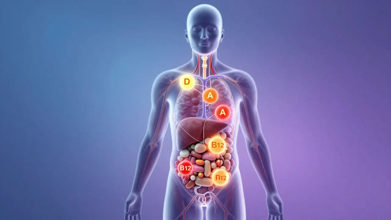 Abstraktní ilustrace vstřebávání vitaminů do orgánů lidského těla