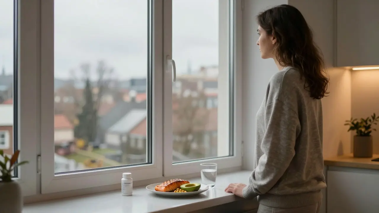 Člověk u okna v zimním počasí s talířem lososa