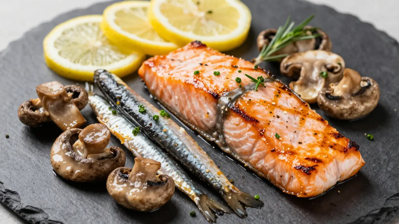 Deska s lososem a houbami jako zdroje vitamínu D