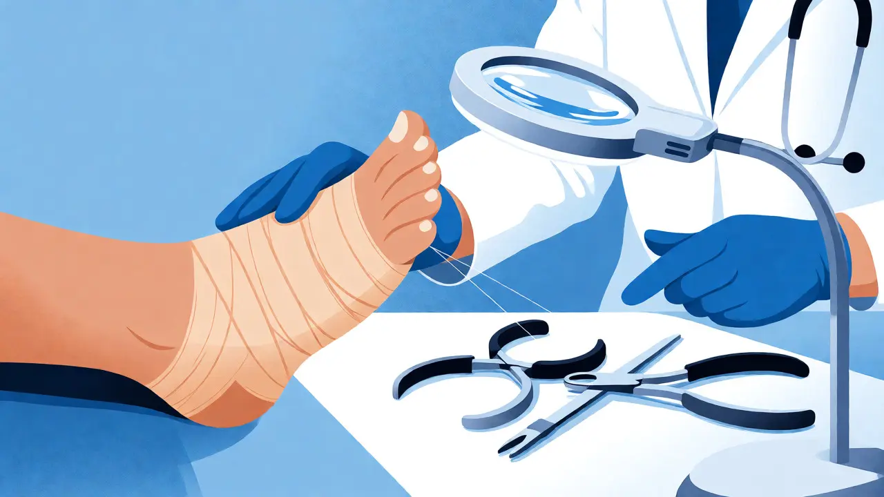Diabetická noha v ochranném obvazu vedle podologických nástrojů