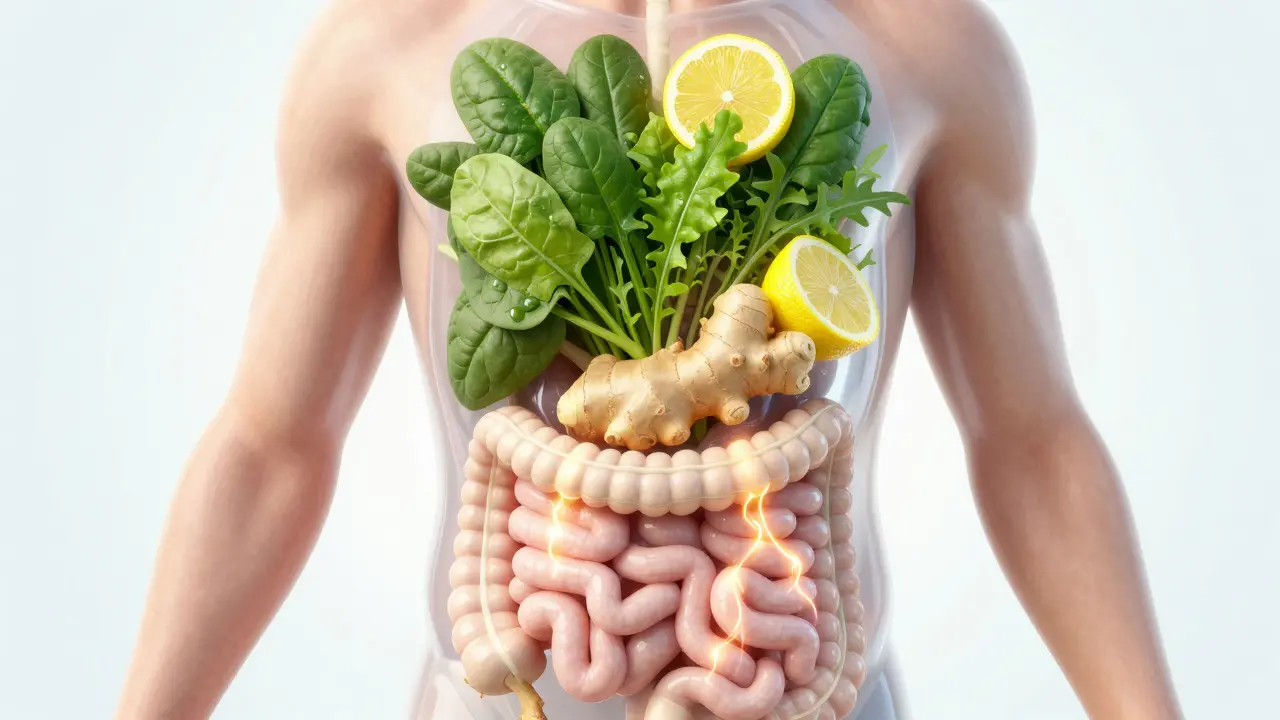 Ilustrace zdravého trávicího systému s detoxikačními potravinami