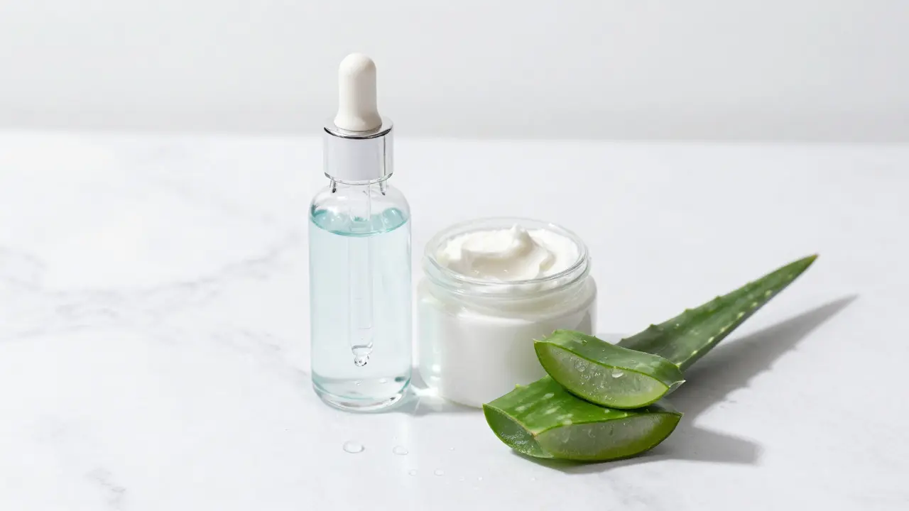 Ingredience pro hydrataci: voda, panthenol a aloe vera na mramorovém povrchu