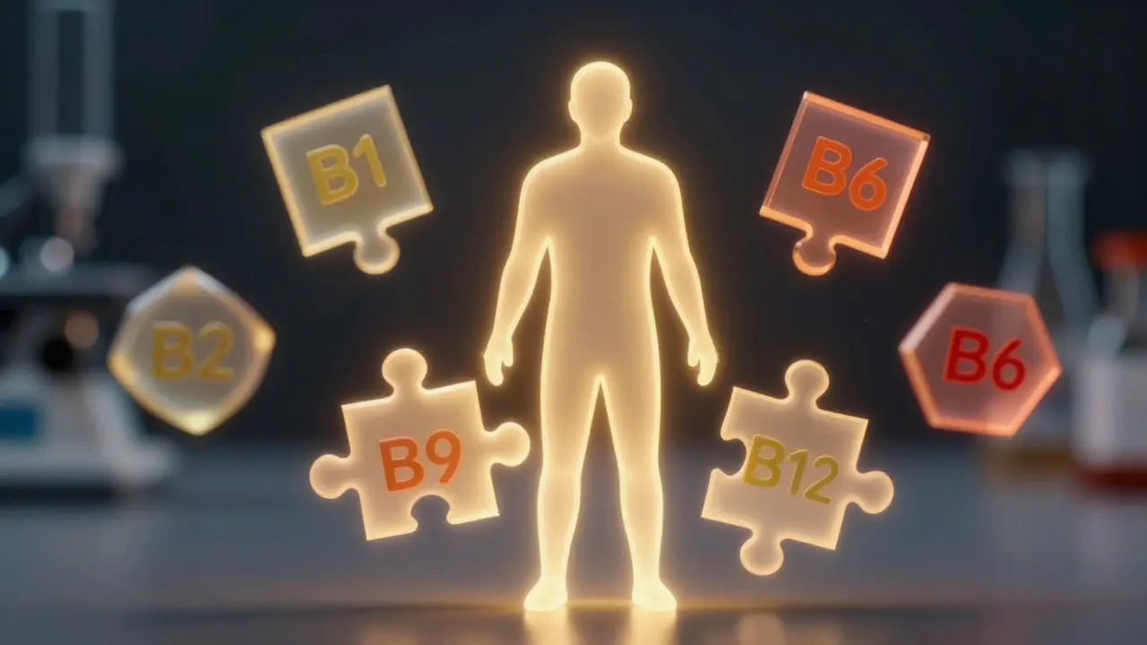Konceptuální zobrazení vitamínů B jako dílů skládačky lidského těla