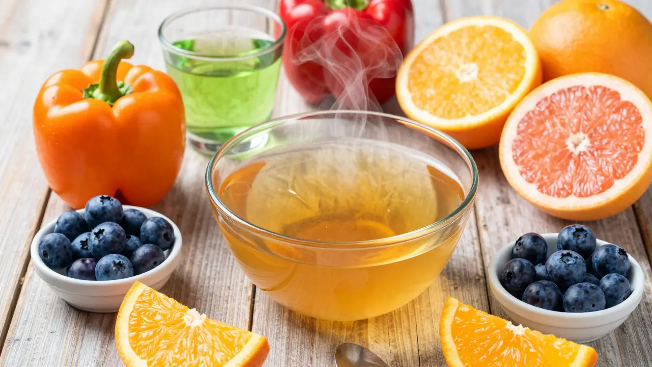 Miska kostního vývaru obklopená citrusy, paprikami a borůvkami na dřevěném stole