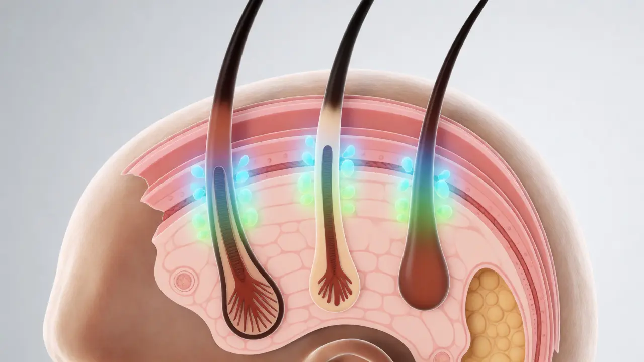 Anatomický řez vlasovým folikulem znázorňující růstové fáze