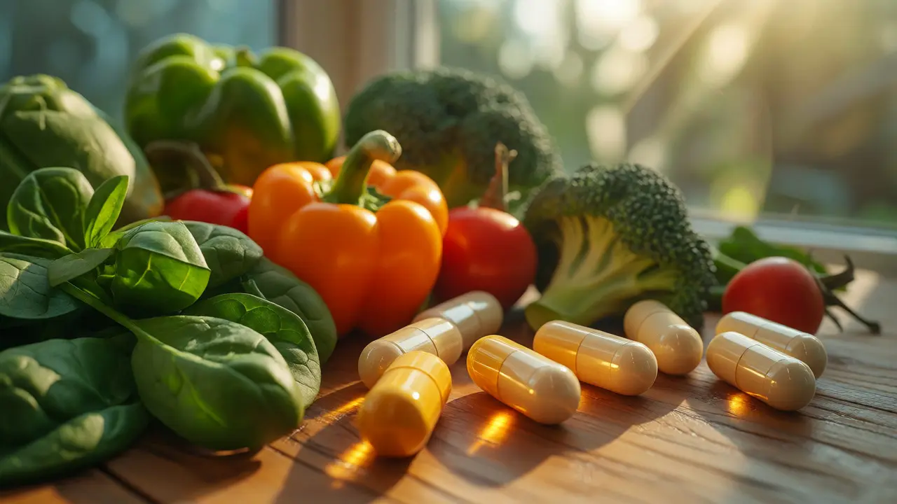 Čerstvá zelenina a multivitaminové kapsle v jemném ranním světle.