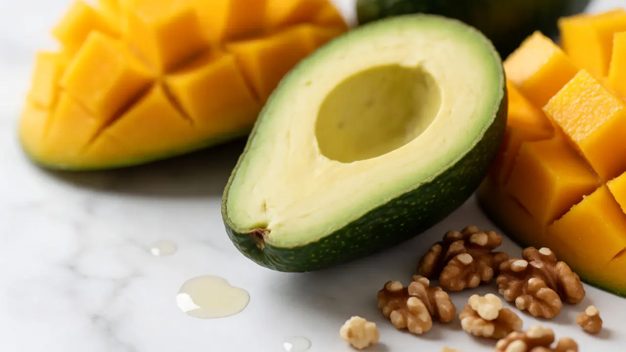 Nakrájené avokádo a mango na bílém pozadí s ořechy