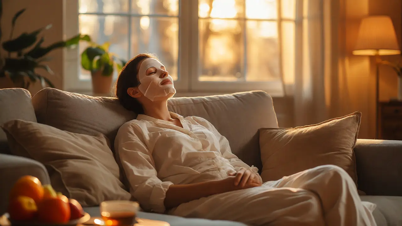 Relaxující žena s plátkovou maskou na obličeji v pohodlném prostředí