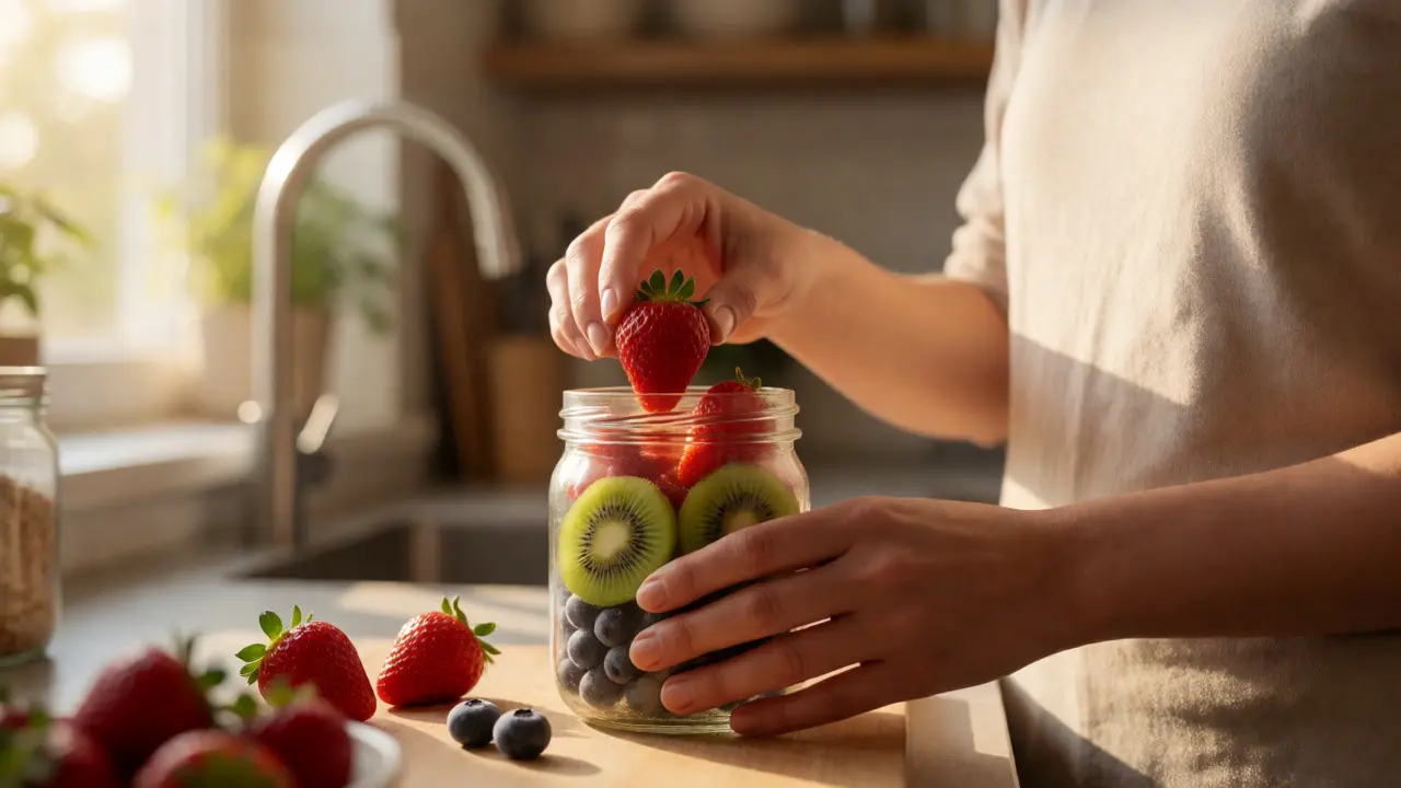 Ruce připravující zdravý svačinový hrnek s jahodami a kiwi