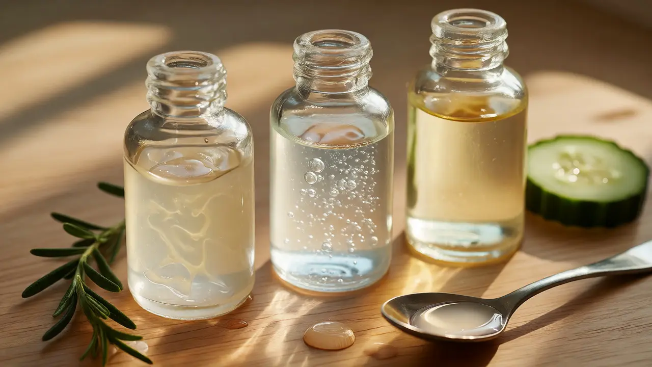 Různé typy tonik s přírodními ingrediencemi na stole