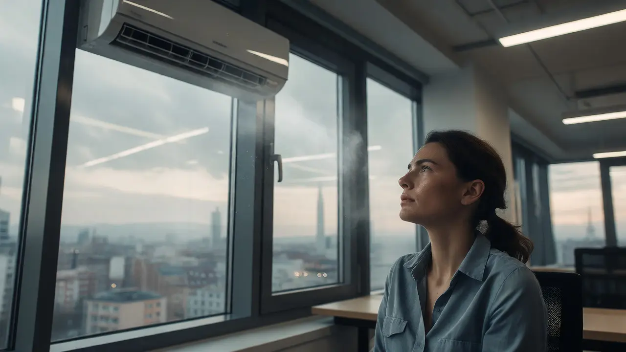 Unavená žena v klimatizované místnosti s výhledem na znečištěné město