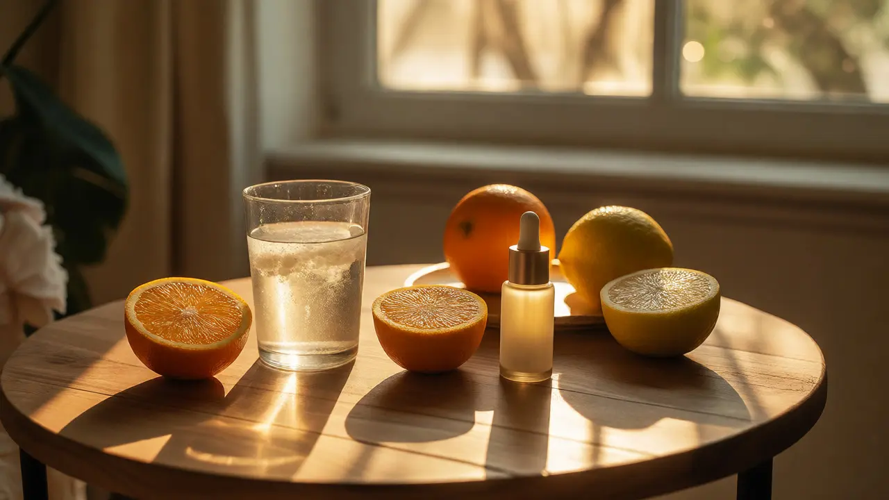 Wellness scéna s vodou, citrusovým ovocem a kosmetikou osvětlená sluncem.