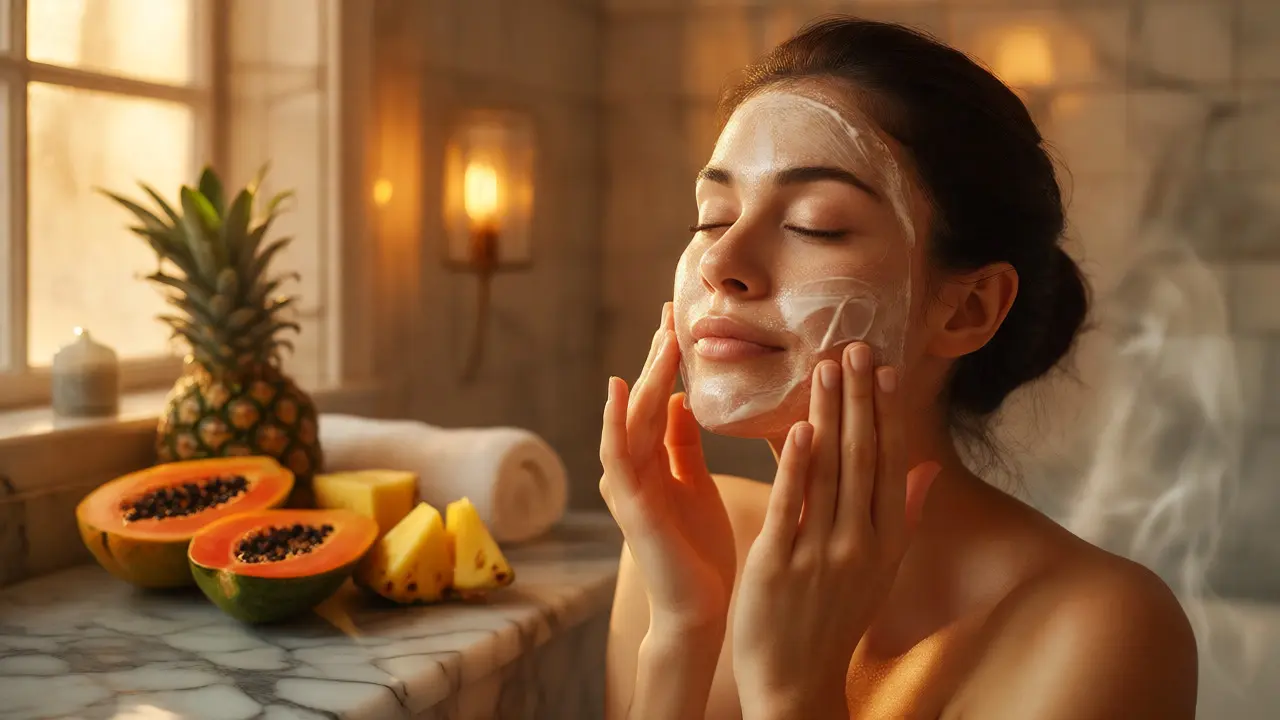 Žena aplikuje enzymatický peeling s přírodními ingrediencemi v koupelně