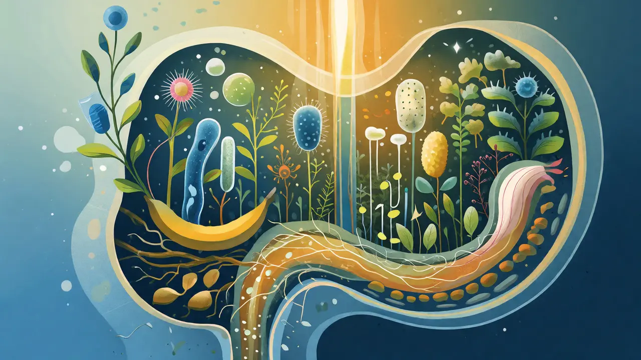 Ilustrace střevního mikrobiomu jako pestré zahrady s bakteriemi rostoucími mezi vlákninou.
