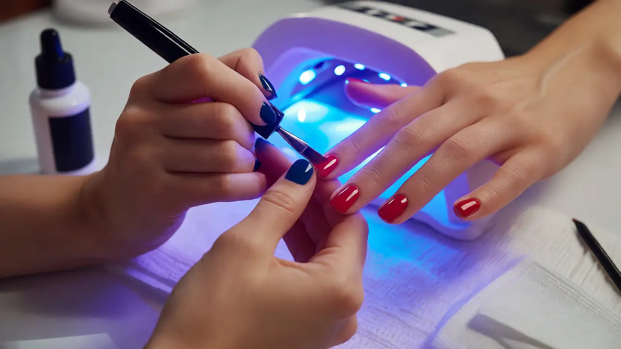 Manikérka aplikuje gelový lak pod UV lampu v čistém a moderním prostředí.