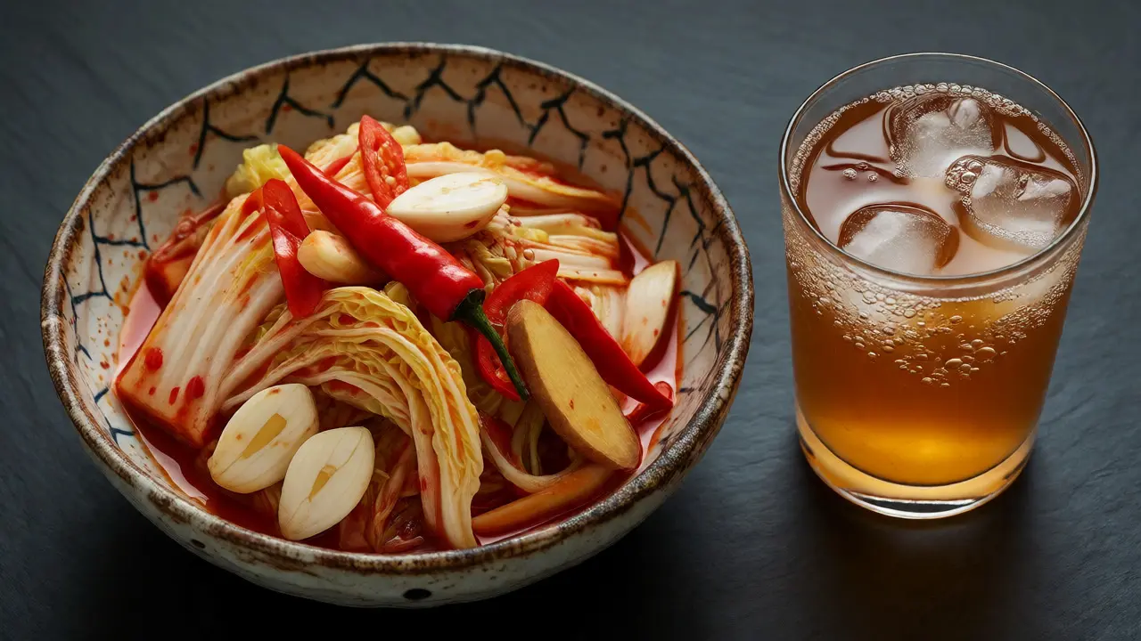 Miska pikantního kimchi s chilli a česnekem vedle sklenice perlivé kombuchy na tmavém pozadí.