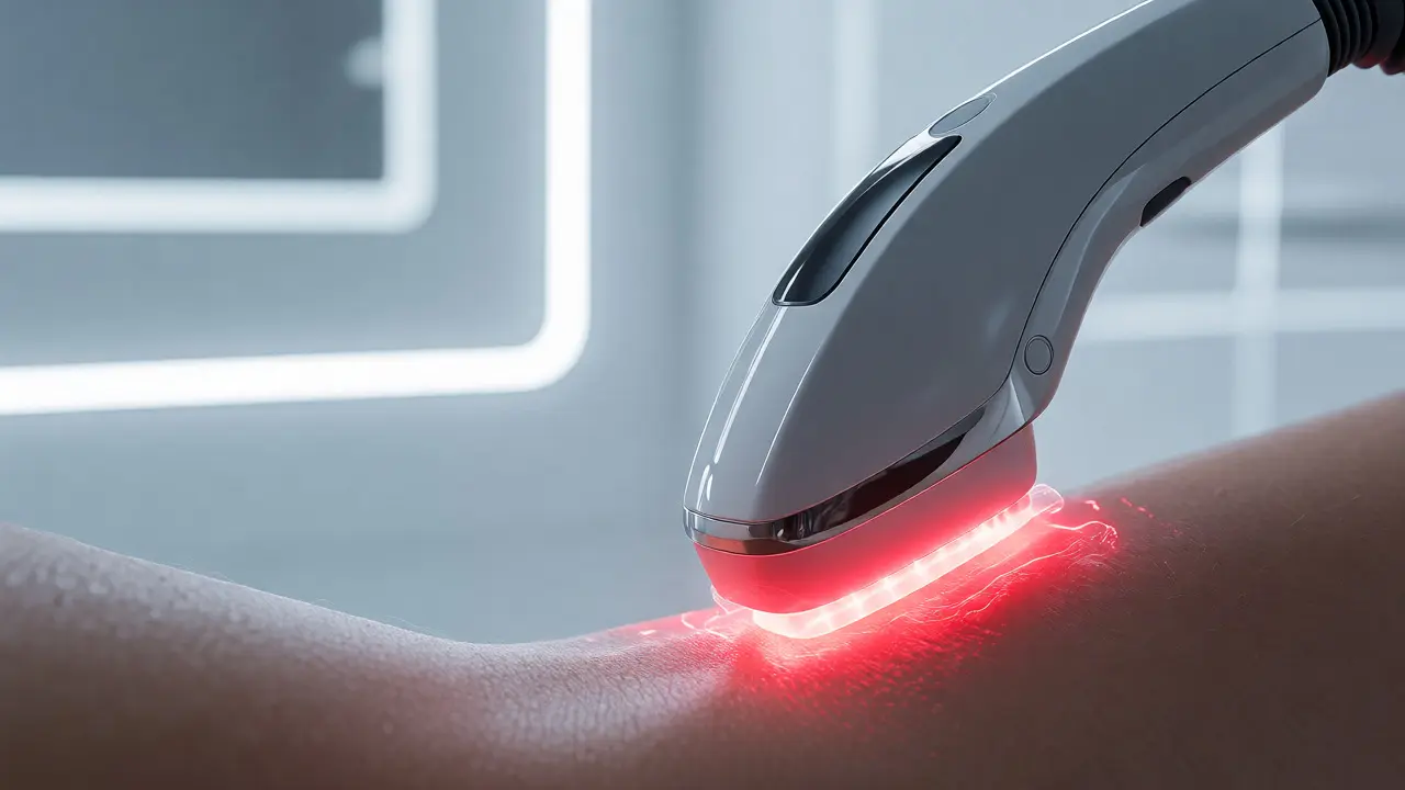 Moderní přístroj pro laserovou epilaci emitující světlo na pokožku v klinickém prostředí.