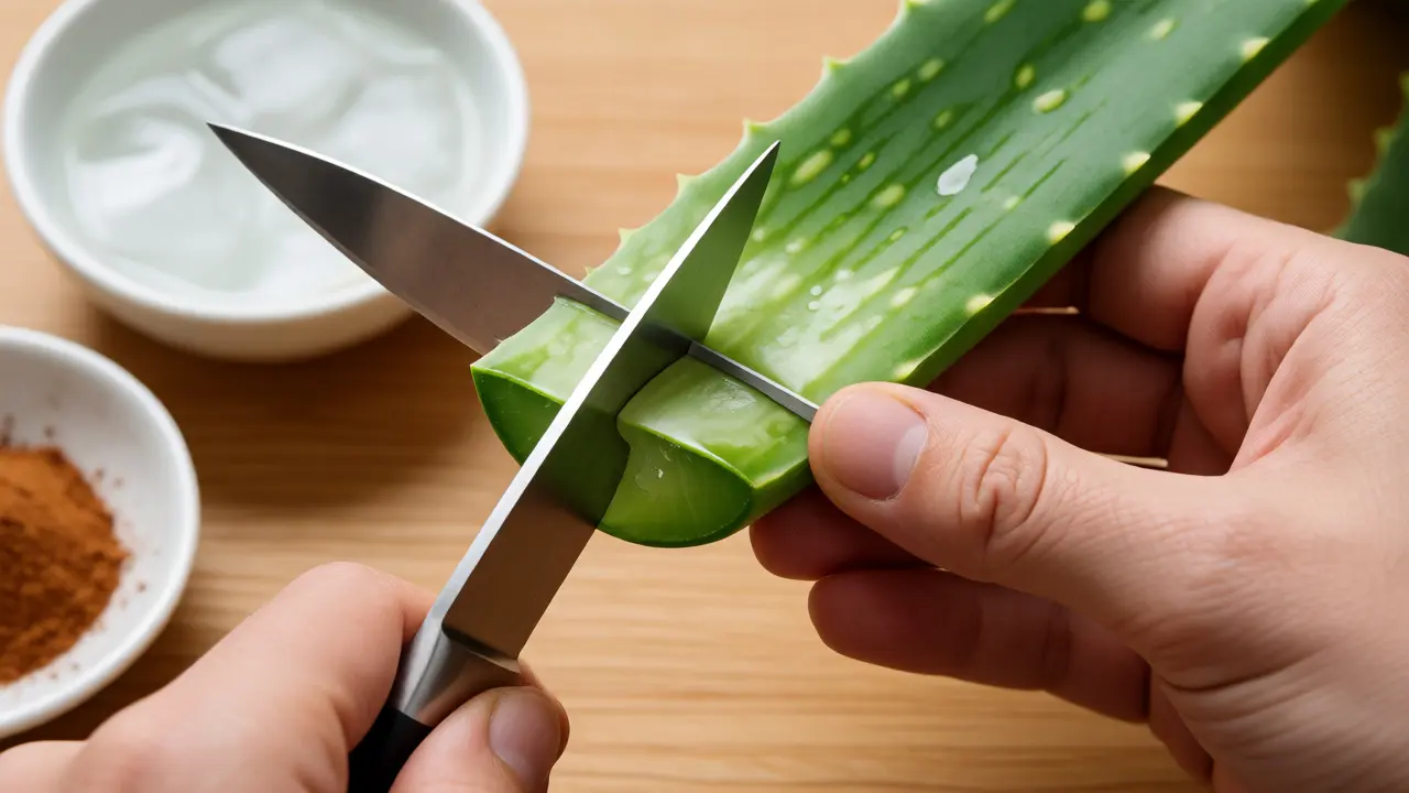 Řezání listu aloe vera ostrým nožem pod úhlem u základny rostliny