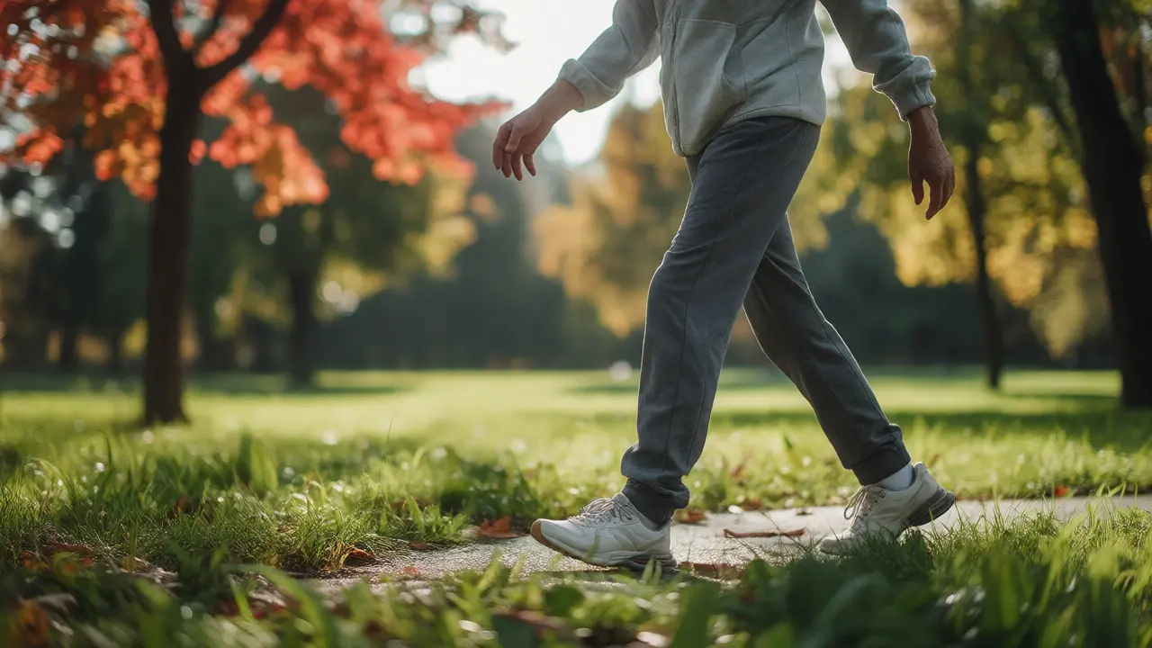 Senior aktivně chodí v parku na podzim, vyjadřující úlevu a mobilitu po léčbě.