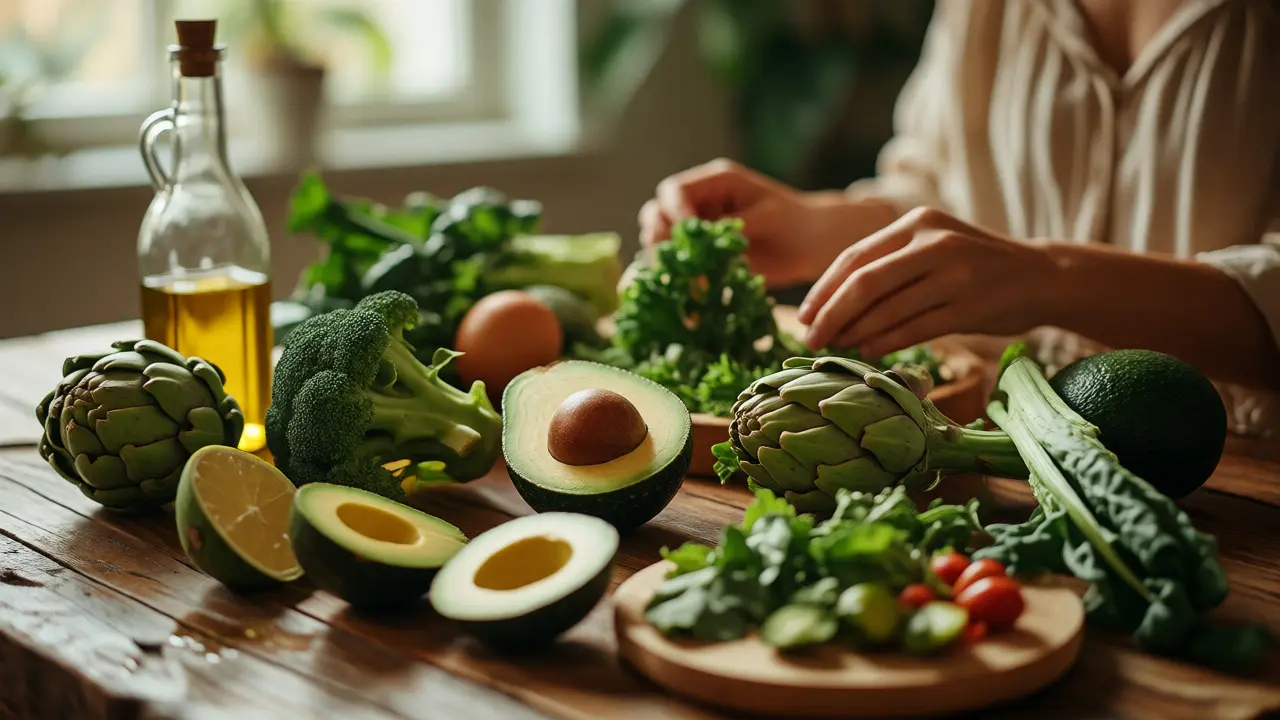 Stůl s čerstvými potravinami podporujícími detoxikaci a hormonální rovnováhu.