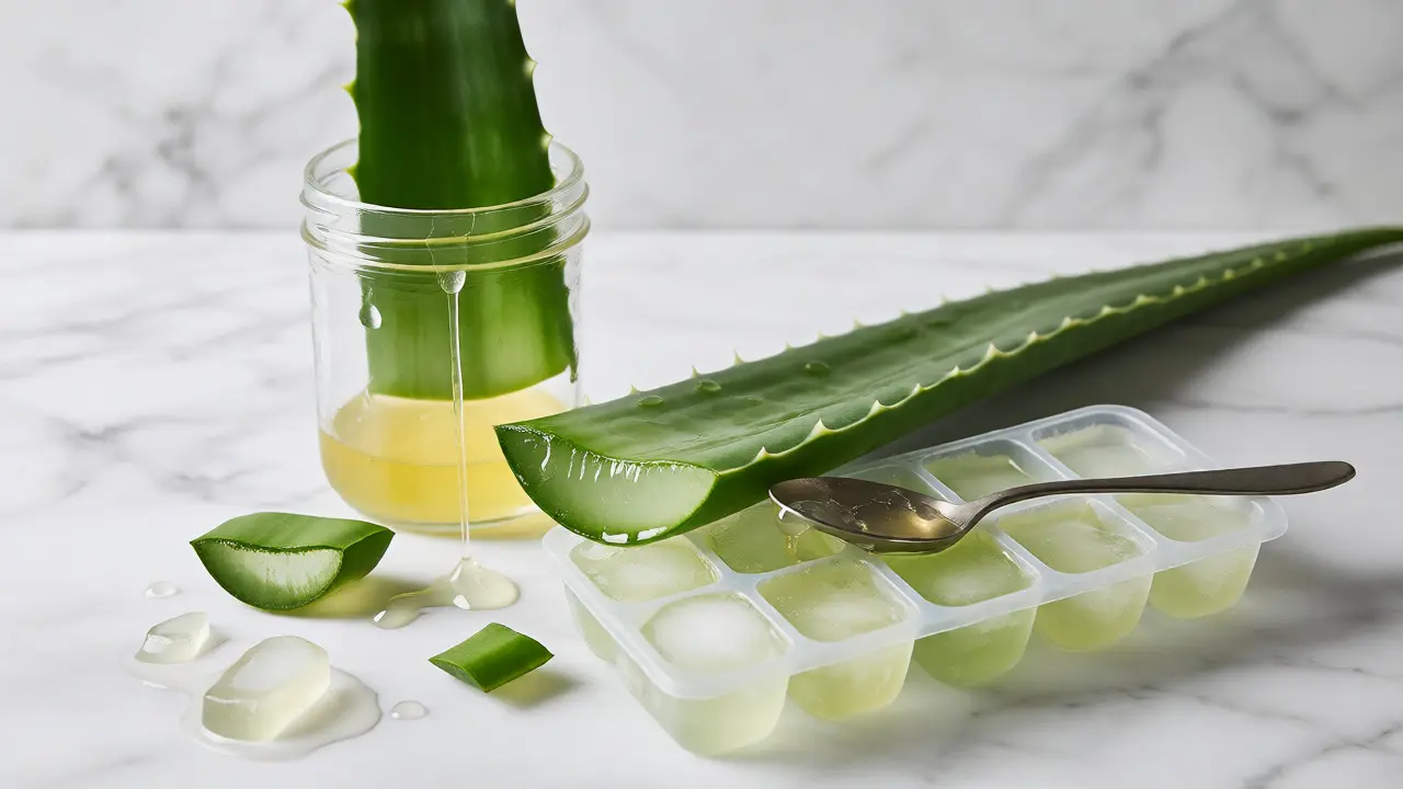 Vytékající latex a vydlabávání čirého gelu z aloe vera do formiček