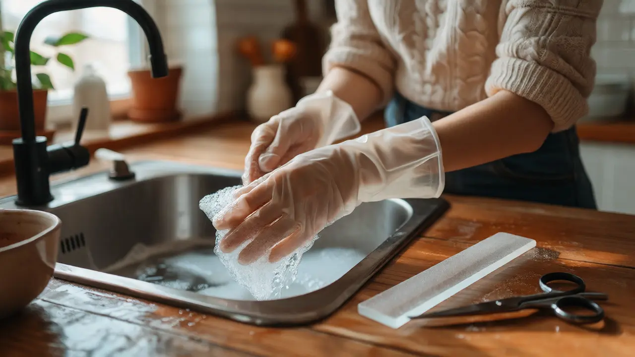 Žena v gumových rukavicích myje nádobí, vedle leží skleněný pilník